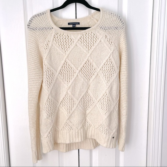 AMERICAN EAGLE OUTFITTERS Cream Wool Blend Argyle Diamond Round Neck Sweater - Picture 2 of 6